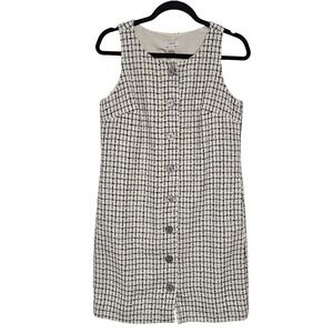 J Crew 4‎ Sleeveless Tweed Shift Dress Button Front Black White Plaid Academia ~